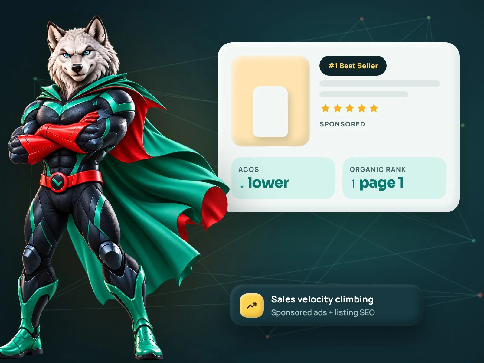 Wolf mascot beside a marketplace product listing with a best-seller badge