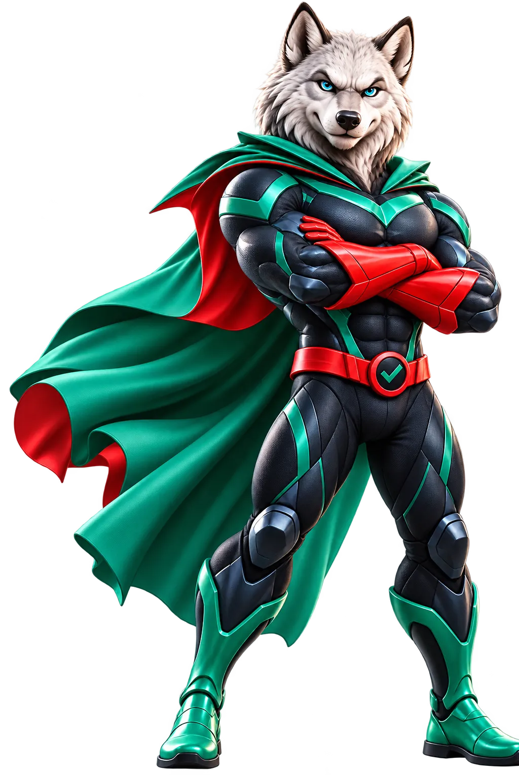 Digiwolves wolf hero mascot standing with arms crossed