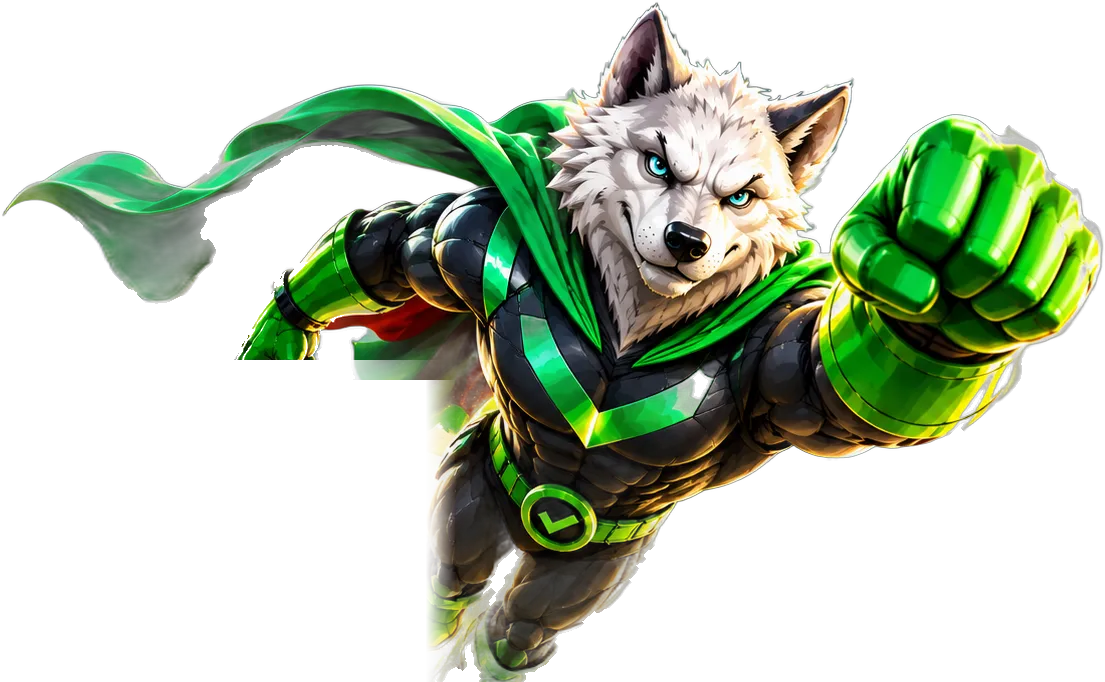 Digiwolves wolf mascot flying forward with a clenched fist