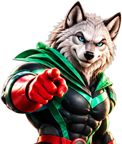 Digiwolves wolf mascot pointing forward with a red glove