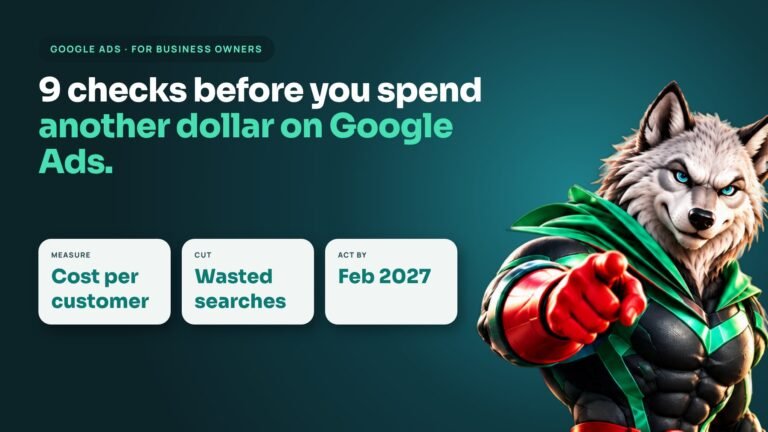 Google Ads guide for business owners: 9 checks before you spend another dollar, with the Digiwolves wolf