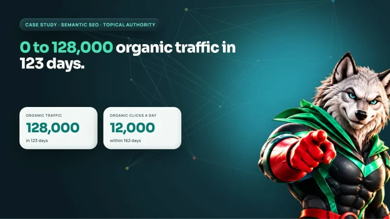 Semantic SEO case study cover: 0 to 128,000 organic traffic in 123 days through topical authority
