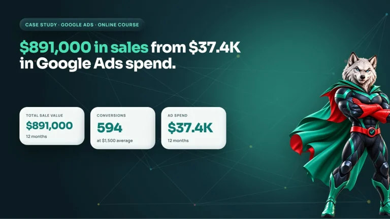 Online course Google Ads case study cover showing $891,000 in sales from $37.4K spend